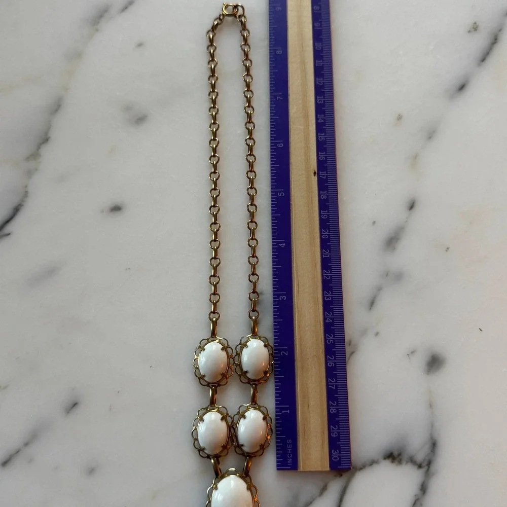 Vintage 1960s White Cabochon Statement Necklace Gold Tone Retro Boho Festival
